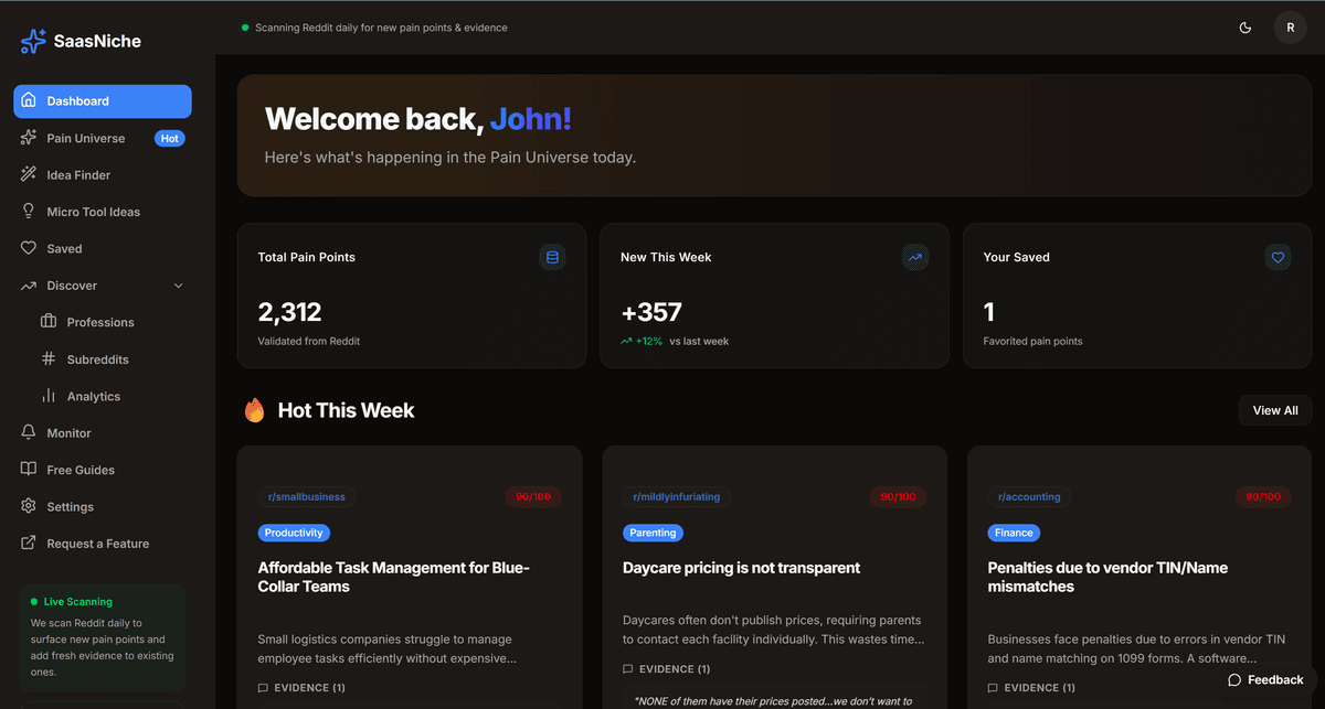 SaasNiche dashboard — validated pain points